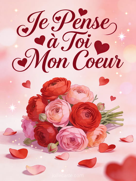 Renoncules rouges et roses avec pétales en forme de coeur et le texte Je Pense à Toi Mon Coeur