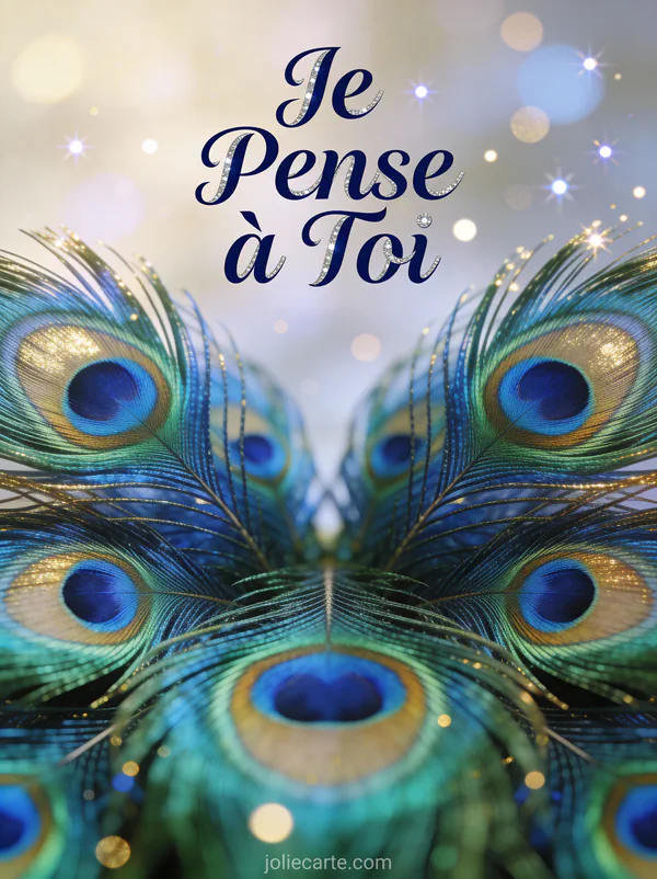 Plumes de paon arrangées en éventail en tons bleu vert et or avec le texte Je Pense à Toi