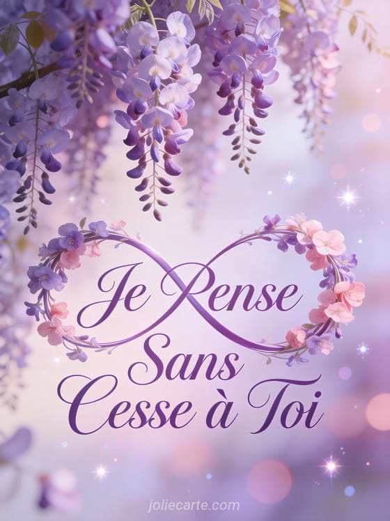 Glycines violettes et roses en cascade formant une boucle infinie avec le texte Je Pense Sans Cesse à Toi