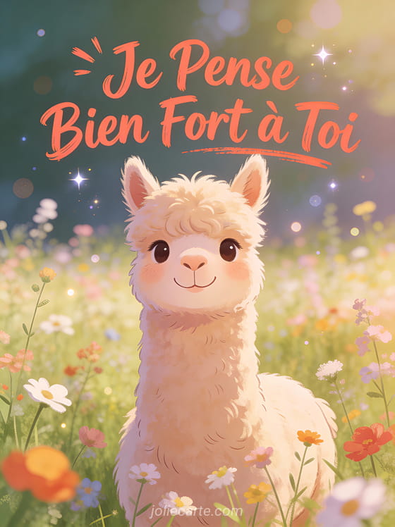Alpaga duveteux souriant dans un champ de fleurs sauvages avec le texte Je Pense Bien Fort à Toi