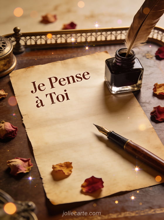 Bureau d'écriture vintage avec plume encrier et pétales de rose séchés avec le texte Je Pense à Toi