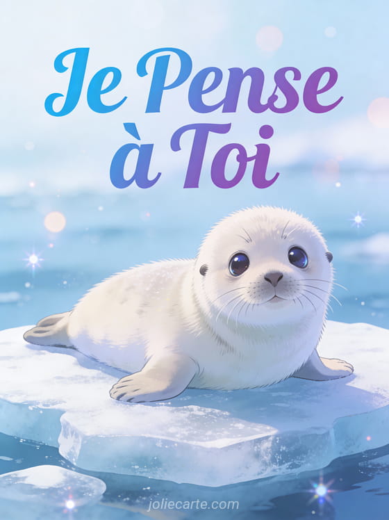 Bébé phoque adorable aux grands yeux brillants sur un glaçon avec le texte Je Pense à Toi