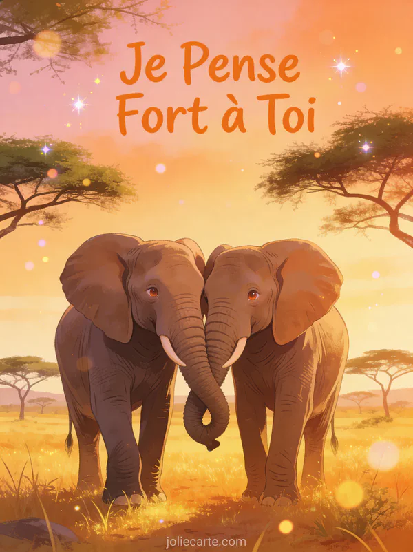 Deux éléphants aux trompes entrelacées dans la savane dorée avec le texte Je Pense Fort à Toi