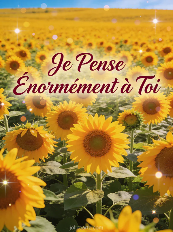 Vaste champ de tournesols vibrants sous un ciel bleu avec le texte Je Pense Énormément à Toi