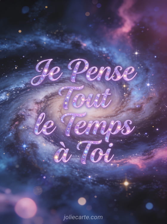 Spirale de galaxie avec étoiles et nébuleuse aux couleurs cosmiques avec le texte Je Pense Tout le Temps à Toi