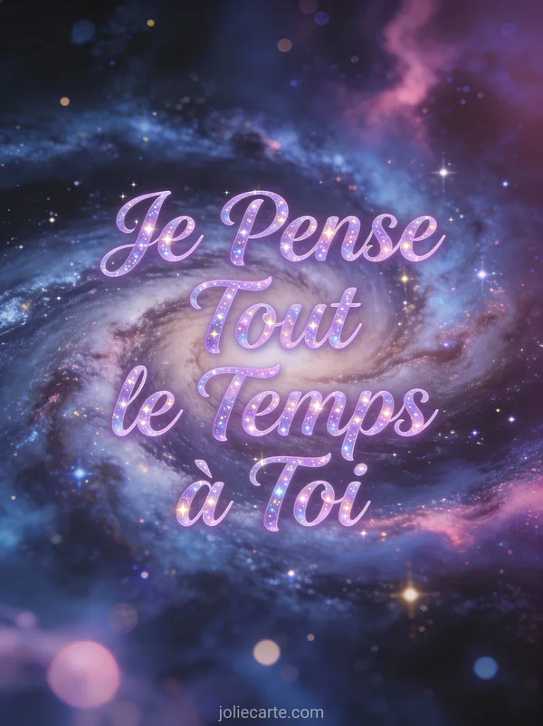 Spirale de galaxie avec étoiles et nébuleuse aux couleurs cosmiques avec le texte Je Pense Tout le Temps à Toi