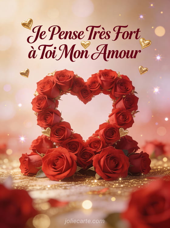 Roses rouges formant un coeur parfait avec accents dorés et le texte Je Pense Très Fort à Toi Mon Amour
