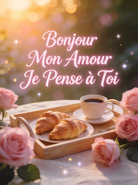Plateau petit déjeuner avec croissants café et roses roses dans la lumière du matin et le texte Bonjour Mon Amour Je Pense à Toi