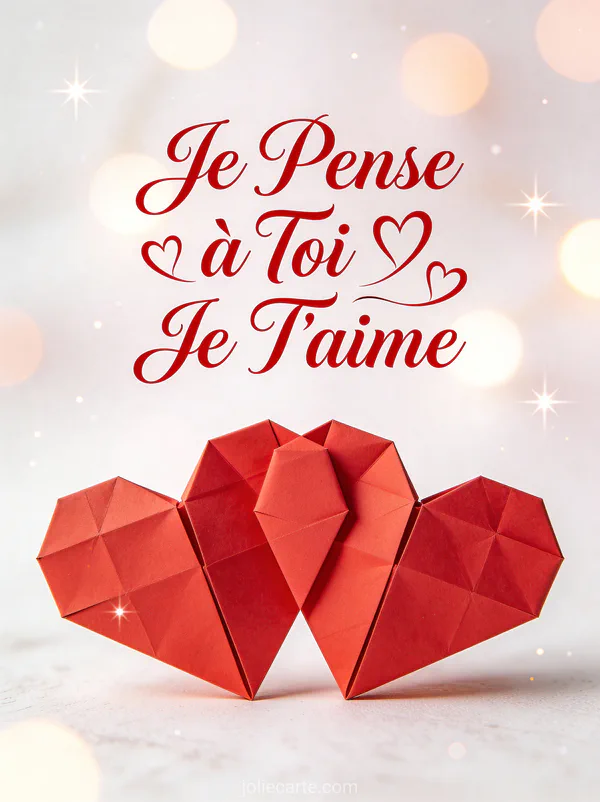 Deux coeurs en origami rouge entrelacés sur fond minimaliste avec le texte Je Pense à Toi Je T'aime