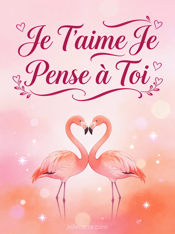 Couple de flamants roses formant un coeur avec leurs cous et le texte Je T'aime Je Pense à Toi