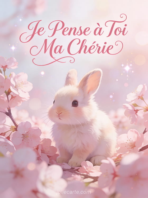 Bébé lapin duveteux parmi les fleurs de cerisier roses et le texte Je Pense à Toi Ma Chérie
