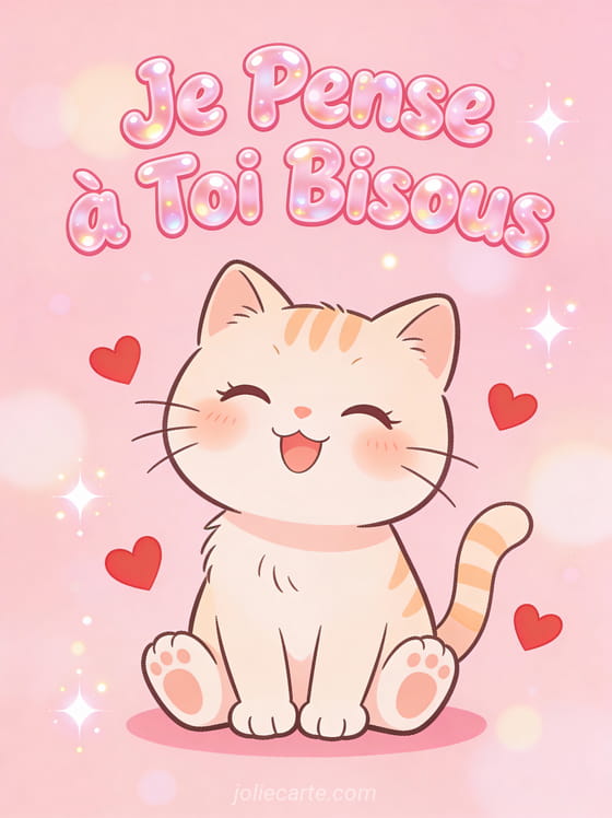 Chat kawaii aux joues roses et yeux fermés entouré de petits coeurs avec le texte Je Pense à Toi Bisous