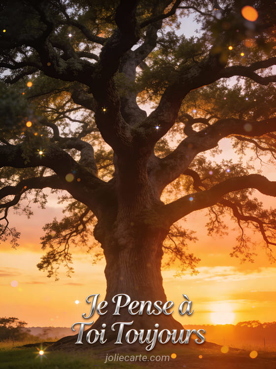Chêne ancien aux branches étendues contre un ciel de coucher de soleil avec le texte Je Pense à Toi Toujours
