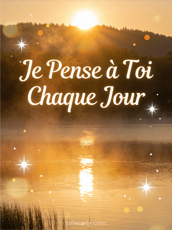 Lever de soleil à travers la brume matinale sur un lac paisible avec le texte Je Pense à Toi Chaque Jour