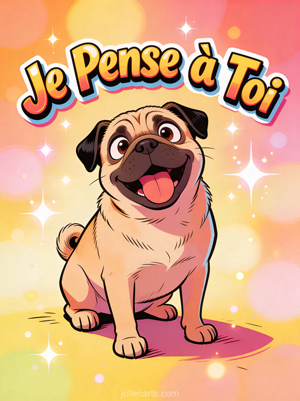 Carlin cartoon avec langue dehors et expression joyeuse comique et le texte Je Pense à Toi