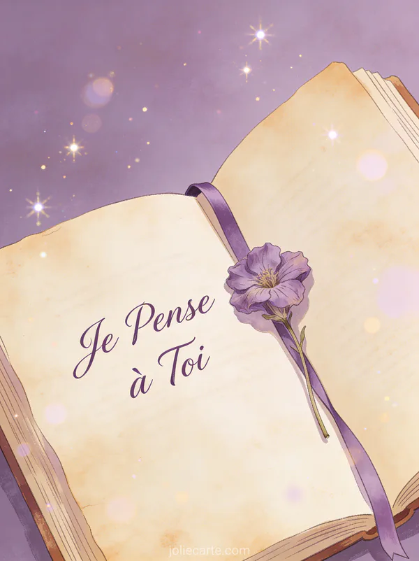 Livre de poésie ancien ouvert avec une violette séchée comme marque-page et le texte Je Pense à Toi