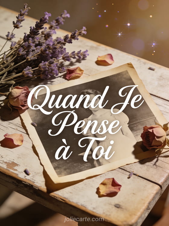 Photographie ancienne noir et blanc entourée de fleurs séchées sur table en bois avec le texte Quand Je Pense à Toi