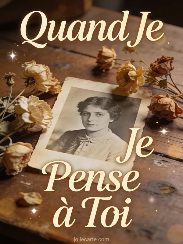 Photographie ancienne noir et blanc entourée de fleurs séchées sur table en bois avec le texte Quand Je Pense à Toi
