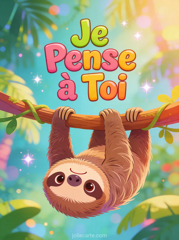 Paresseux cartoon adorable suspendu à l'envers avec un grand sourire et le texte Je Pense à Toi