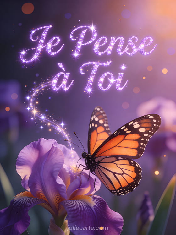 Papillon monarque aux ailes déployées posé sur un iris violet avec le texte Je Pense à Toi