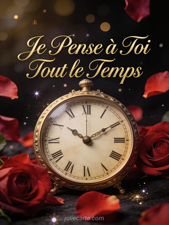Cadran d'horloge vintage entouré de pétales de rose rouges sur fond sombre avec le texte Je Pense à Toi Tout le Temps