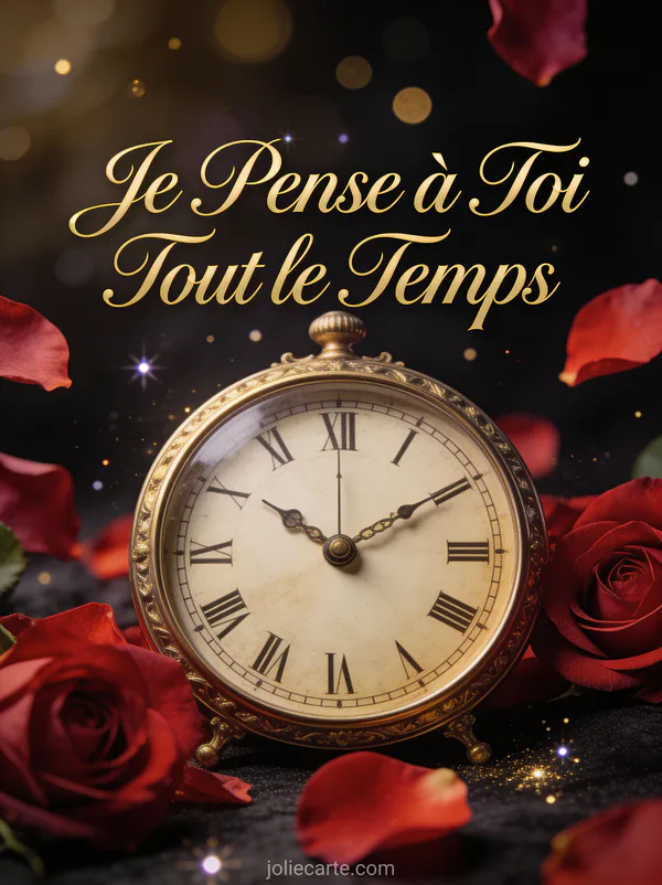 Cadran d'horloge vintage entouré de pétales de rose rouges sur fond sombre avec le texte Je Pense à Toi Tout le Temps