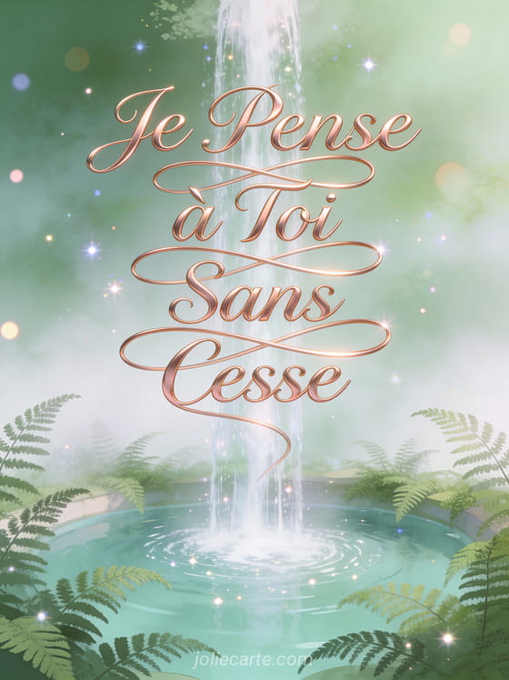 Cascade élégante se déversant dans un bassin paisible entouré de fougères avec le texte Je Pense à Toi Sans Cesse