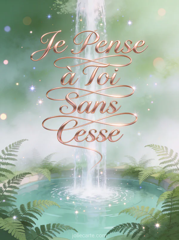 Cascade élégante se déversant dans un bassin paisible entouré de fougères avec le texte Je Pense à Toi Sans Cesse