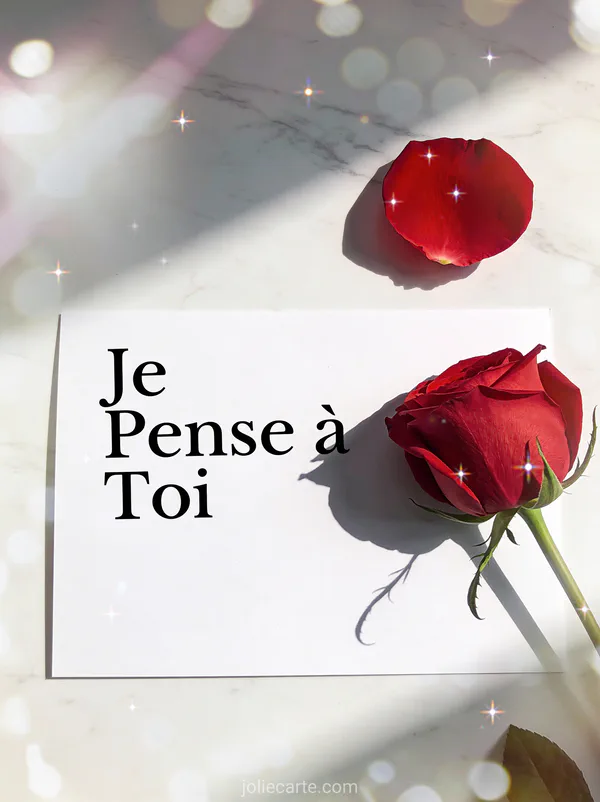 Rose rouge posée sur une surface de marbre blanc minimaliste avec le texte Je Pense à Toi