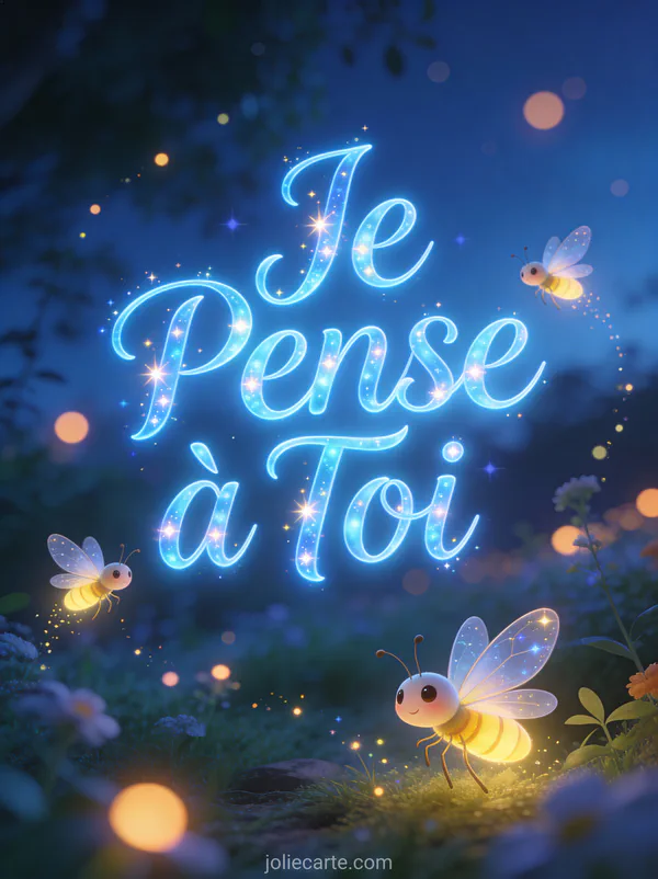 Lucioles brillantes dansant dans un jardin magique au crépuscule avec le texte Je Pense à Toi