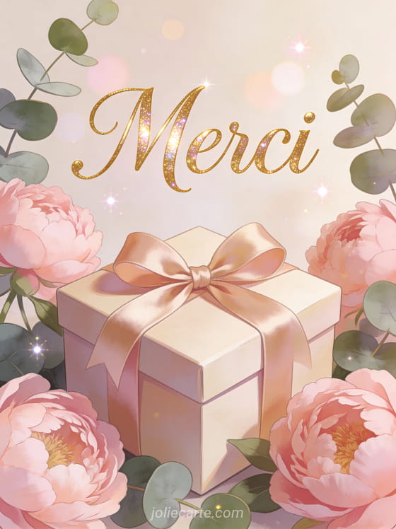 Boîte cadeau élégante avec ruban satiné entourée de pivoines roses et feuilles d'eucalyptus avec le texte Merci
