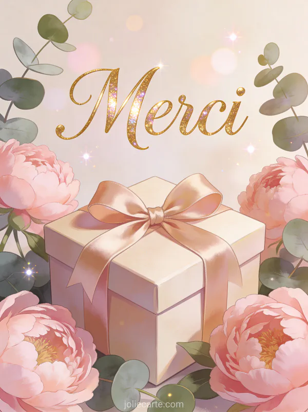 Boîte cadeau élégante avec ruban satiné entourée de pivoines roses et feuilles d'eucalyptus avec le texte Merci