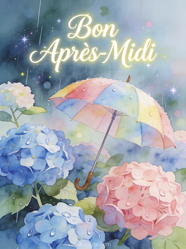Parapluie coloré parmi des hortensias bleus et roses sous la pluie avec le texte Bon Après-Midi