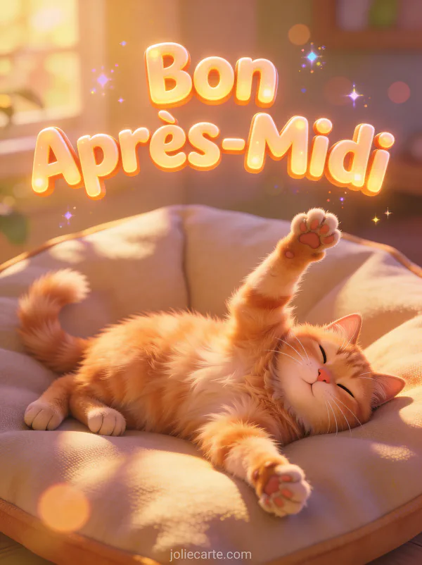 Chat roux qui s'étire sur un coussin dans la lumière dorée avec le texte Bon Après-Midi