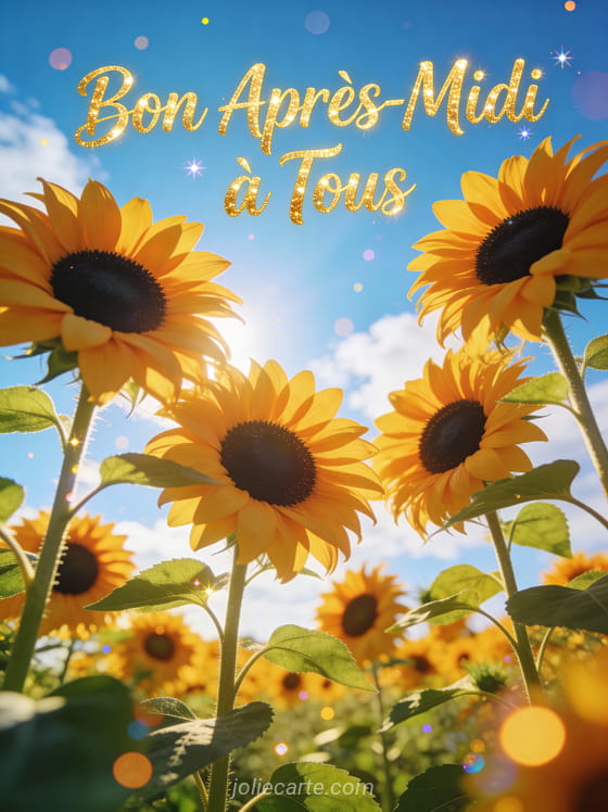 Champ de tournesols sous un ciel bleu avec le texte Bon Après-Midi à Tous