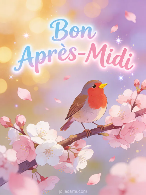 Rouge-gorge sur une branche de cerisier en fleurs avec pétales volant au vent et le texte Bon Après-Midi