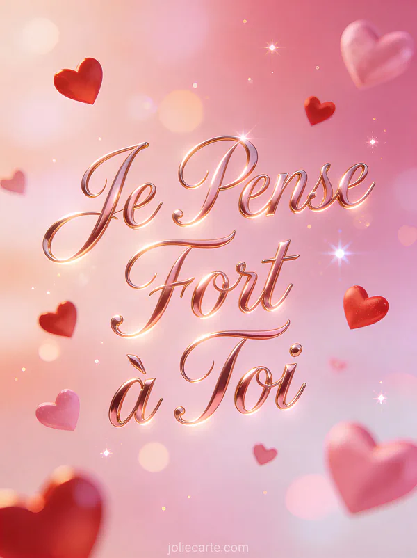 Cœurs rouges et roses flottants sur fond dégradé avec le texte Je Pense Fort à Toi en lettrage élégant