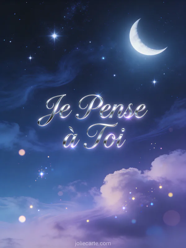 Ciel nocturne étoilé avec croissant de lune et le texte Je Pense à Toi en lettrage argenté
