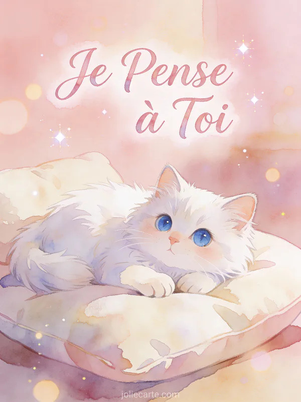 Chat blanc aux yeux bleus sur un coussin avec le texte Je Pense à Toi en aquarelle