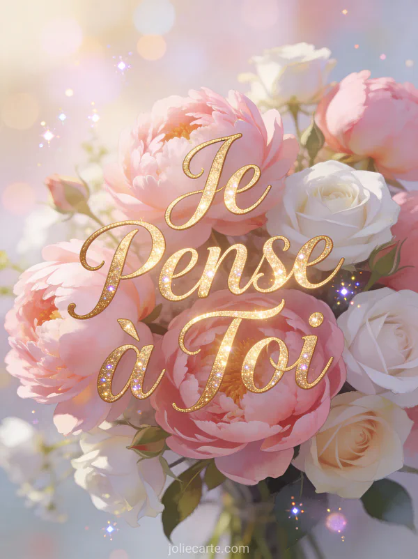 Bouquet de pivoines roses et roses blanches avec le texte Je Pense à Toi en calligraphie dorée