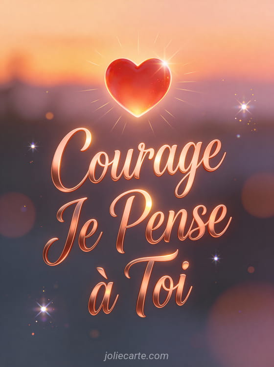 Cœur rouge lumineux sur fond de coucher de soleil avec le texte Courage Je Pense à Toi