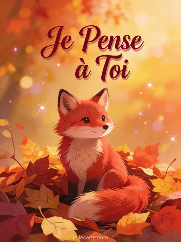 Renard roux dans les feuilles d'automne avec le texte Je Pense à Toi en lettrage bordeaux