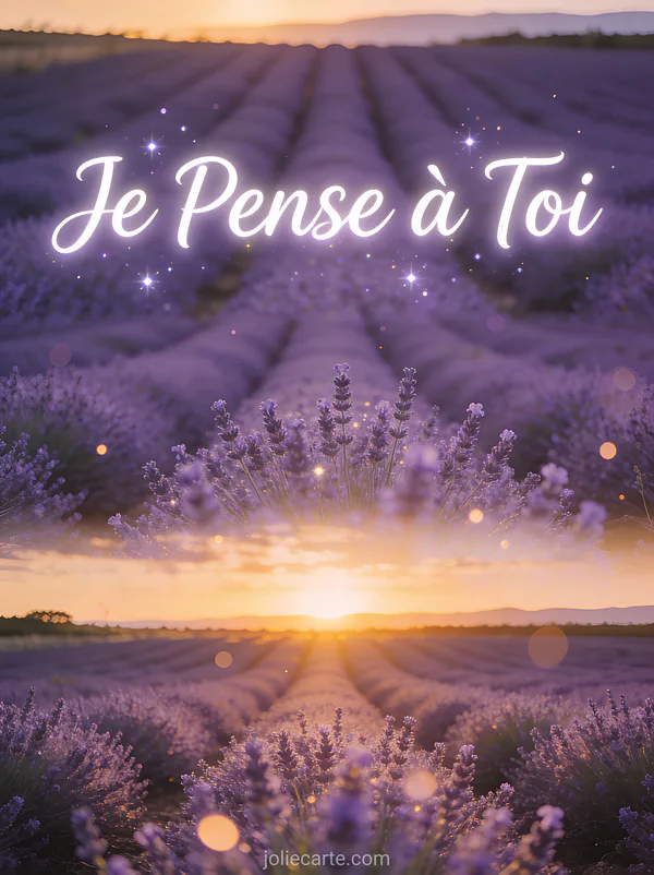 Champ de lavande au coucher du soleil avec le texte Je Pense à Toi en lettrage blanc