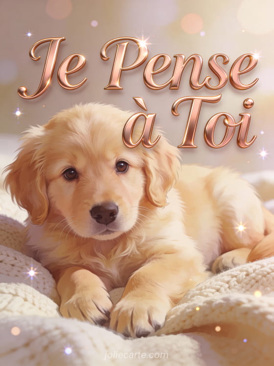Chiot golden retriever sur une couverture douce avec le texte Je Pense à Toi en lettrage rose doré