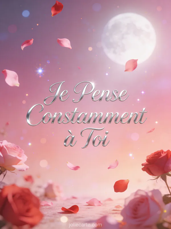 Pétales de roses roses et rouges flottants avec le texte Je Pense Constamment à Toi en lettrage argenté