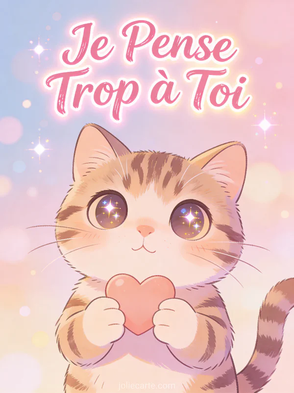Chat tigré mignon style cartoon tenant un cœur avec le texte Je Pense Trop à Toi en lettrage rose
