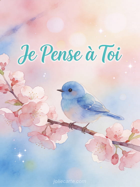 Oiseau bleu sur une branche de cerisier en fleurs avec le texte Je Pense à Toi en aquarelle turquoise