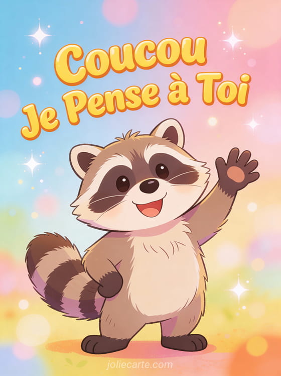 Raton laveur cartoon souriant qui fait coucou avec le texte Coucou Je Pense à Toi en lettrage jaune