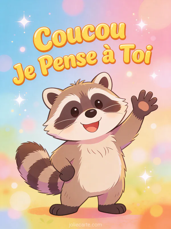 Raton laveur cartoon souriant qui fait coucou avec le texte Coucou Je Pense à Toi en lettrage jaune