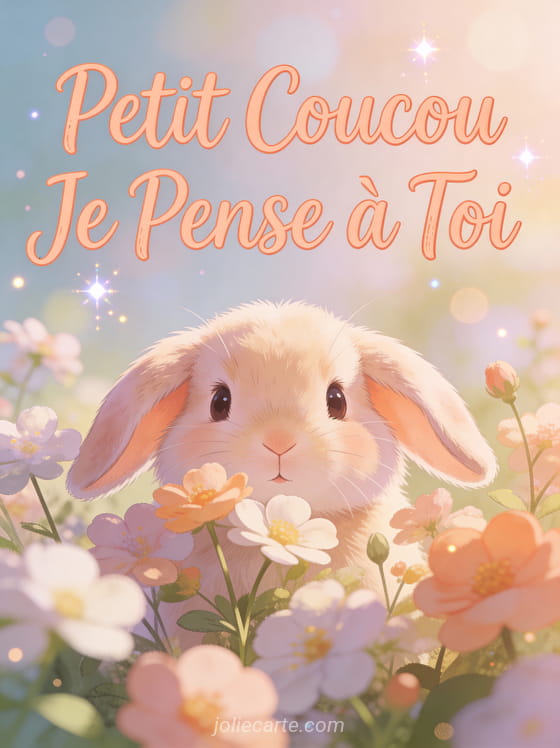 Lapin mignon aux oreilles tombantes parmi les fleurs de printemps avec le texte Petit Coucou Je Pense à Toi